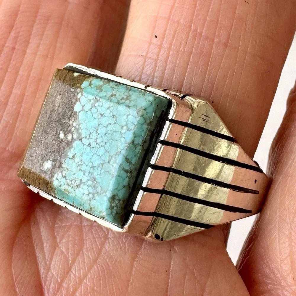 Navajo Turquoise Mens Ring Sz 12.5 Rectangle Signed Jack Sterling 14mm